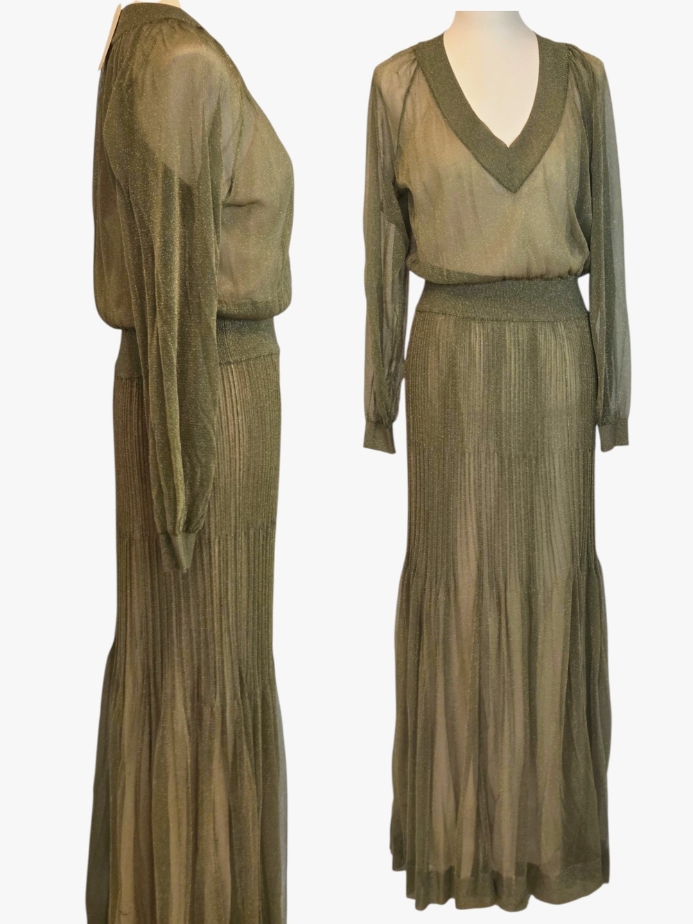 Missoni Olive Green Metallic Pleated Maxi Dress With Lurex Designer MSRP $4130 - Picture 12 of 16